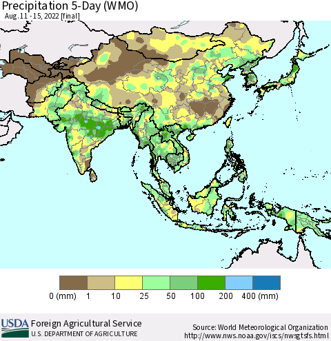 Asia Precipitation 5-Day (WMO) Thematic Map For 8/11/2022 - 8/15/2022