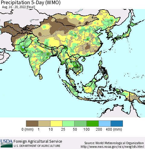 Asia Precipitation 5-Day (WMO) Thematic Map For 8/16/2022 - 8/20/2022