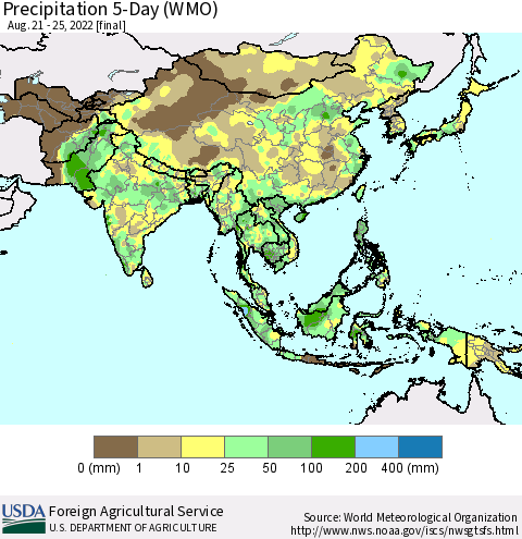 Asia Precipitation 5-Day (WMO) Thematic Map For 8/21/2022 - 8/25/2022