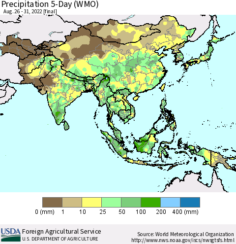 Asia Precipitation 5-Day (WMO) Thematic Map For 8/26/2022 - 8/31/2022