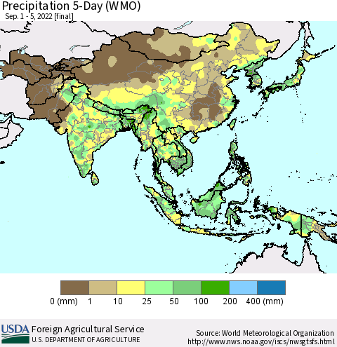 Asia Precipitation 5-Day (WMO) Thematic Map For 9/1/2022 - 9/5/2022