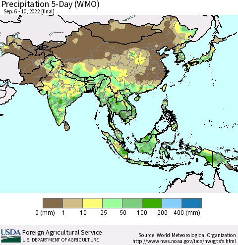 Asia Precipitation 5-Day (WMO) Thematic Map For 9/6/2022 - 9/10/2022