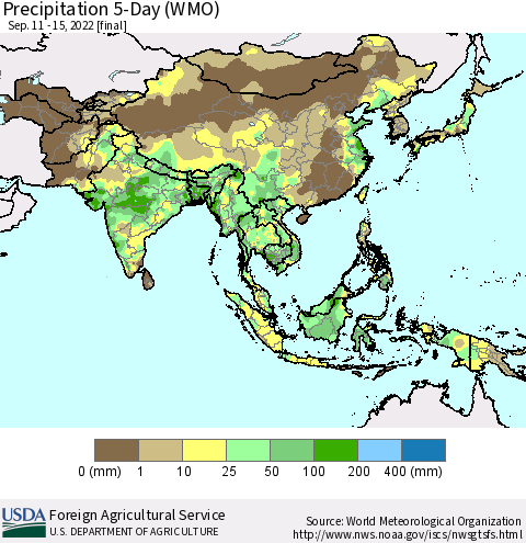 Asia Precipitation 5-Day (WMO) Thematic Map For 9/11/2022 - 9/15/2022