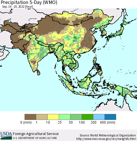 Asia Precipitation 5-Day (WMO) Thematic Map For 9/16/2022 - 9/20/2022
