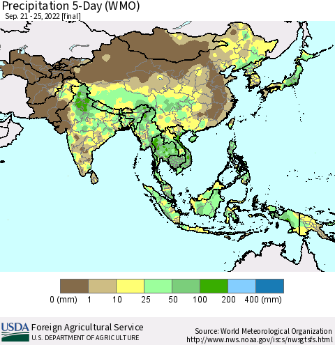 Asia Precipitation 5-Day (WMO) Thematic Map For 9/21/2022 - 9/25/2022