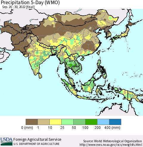 Asia Precipitation 5-Day (WMO) Thematic Map For 9/26/2022 - 9/30/2022