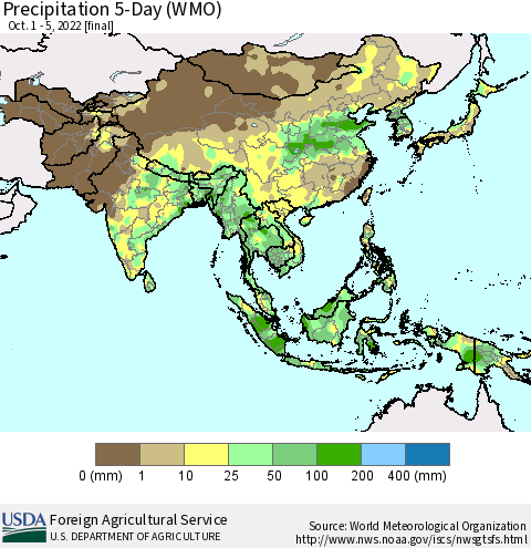 Asia Precipitation 5-Day (WMO) Thematic Map For 10/1/2022 - 10/5/2022