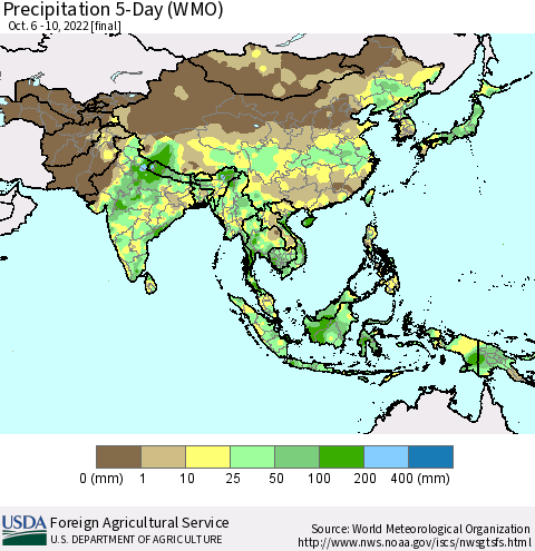 Asia Precipitation 5-Day (WMO) Thematic Map For 10/6/2022 - 10/10/2022