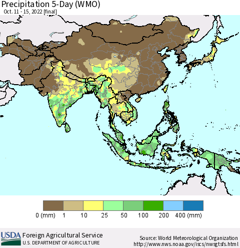 Asia Precipitation 5-Day (WMO) Thematic Map For 10/11/2022 - 10/15/2022