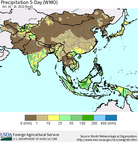 Asia Precipitation 5-Day (WMO) Thematic Map For 10/16/2022 - 10/20/2022