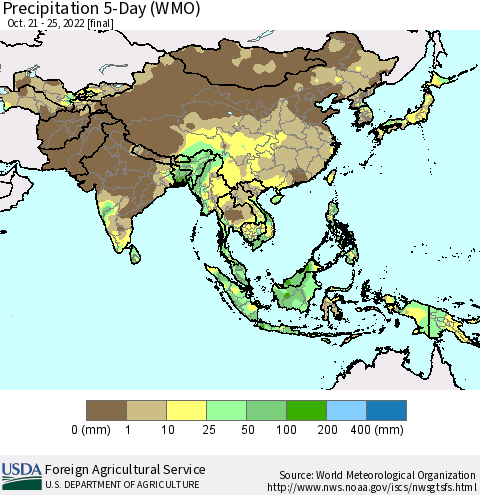 Asia Precipitation 5-Day (WMO) Thematic Map For 10/21/2022 - 10/25/2022