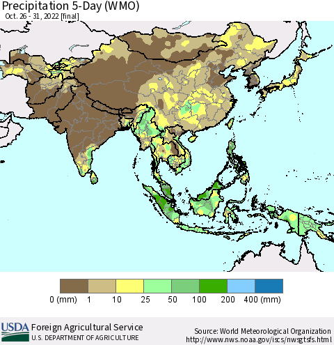Asia Precipitation 5-Day (WMO) Thematic Map For 10/26/2022 - 10/31/2022