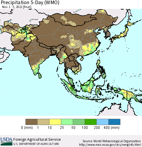 Asia Precipitation 5-Day (WMO) Thematic Map For 11/1/2022 - 11/5/2022
