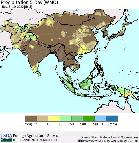 Asia Precipitation 5-Day (WMO) Thematic Map For 11/6/2022 - 11/10/2022
