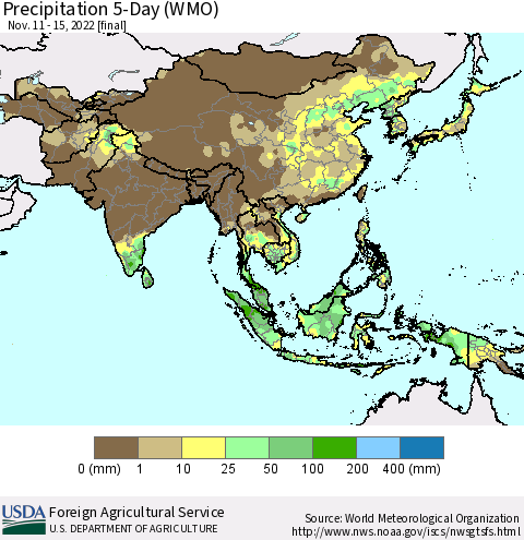 Asia Precipitation 5-Day (WMO) Thematic Map For 11/11/2022 - 11/15/2022