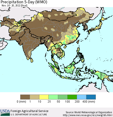 Asia Precipitation 5-Day (WMO) Thematic Map For 11/16/2022 - 11/20/2022