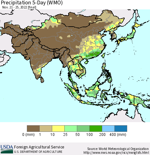 Asia Precipitation 5-Day (WMO) Thematic Map For 11/21/2022 - 11/25/2022