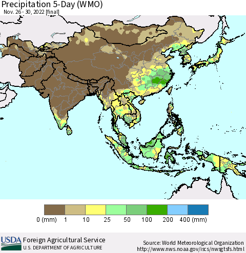 Asia Precipitation 5-Day (WMO) Thematic Map For 11/26/2022 - 11/30/2022