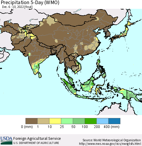 Asia Precipitation 5-Day (WMO) Thematic Map For 12/6/2022 - 12/10/2022