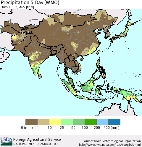 Asia Precipitation 5-Day (WMO) Thematic Map For 12/11/2022 - 12/15/2022
