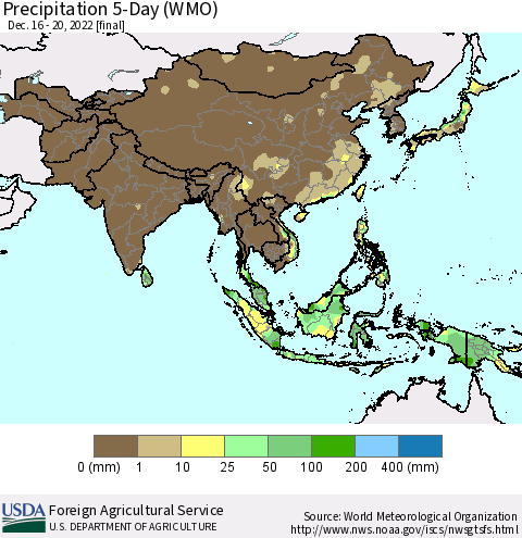 Asia Precipitation 5-Day (WMO) Thematic Map For 12/16/2022 - 12/20/2022