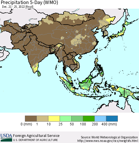 Asia Precipitation 5-Day (WMO) Thematic Map For 12/21/2022 - 12/25/2022