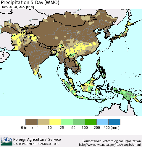 Asia Precipitation 5-Day (WMO) Thematic Map For 12/26/2022 - 12/31/2022