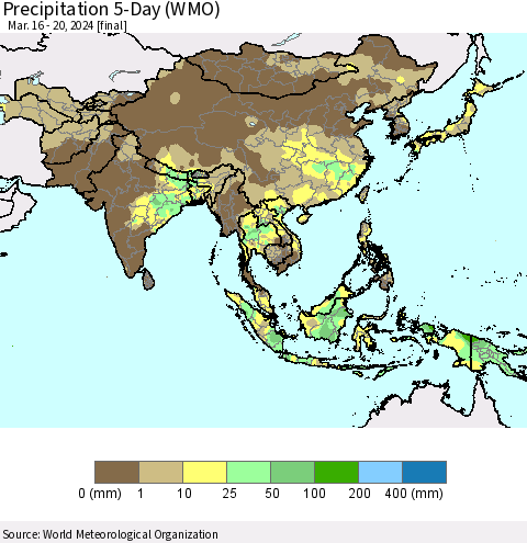 Asia Precipitation 5-Day (WMO) Thematic Map For 3/16/2024 - 3/20/2024