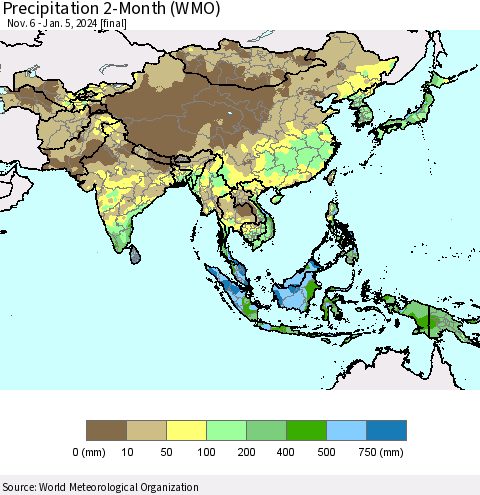 Asia Precipitation 2-Month (WMO) Thematic Map For 11/6/2023 - 1/5/2024