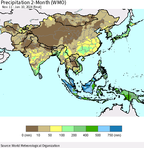 Asia Precipitation 2-Month (WMO) Thematic Map For 11/11/2023 - 1/10/2024