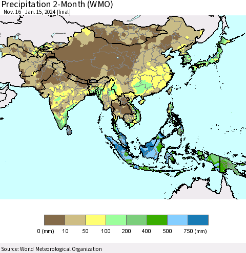 Asia Precipitation 2-Month (WMO) Thematic Map For 11/16/2023 - 1/15/2024