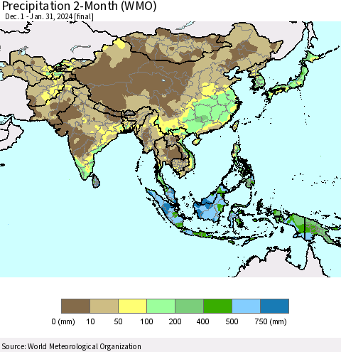 Asia Precipitation 2-Month (WMO) Thematic Map For 12/1/2023 - 1/31/2024