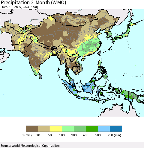 Asia Precipitation 2-Month (WMO) Thematic Map For 12/6/2023 - 2/5/2024