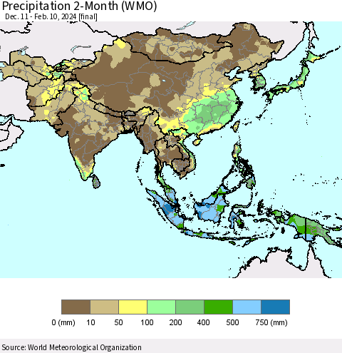 Asia Precipitation 2-Month (WMO) Thematic Map For 12/11/2023 - 2/10/2024