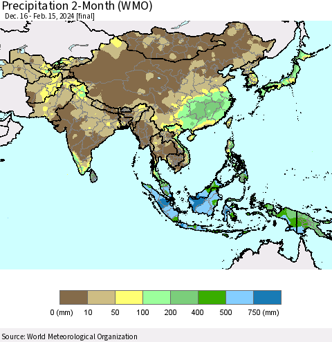 Asia Precipitation 2-Month (WMO) Thematic Map For 12/16/2023 - 2/15/2024