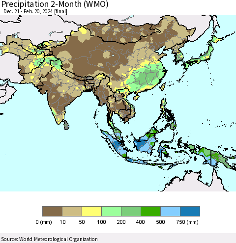 Asia Precipitation 2-Month (WMO) Thematic Map For 12/21/2023 - 2/20/2024