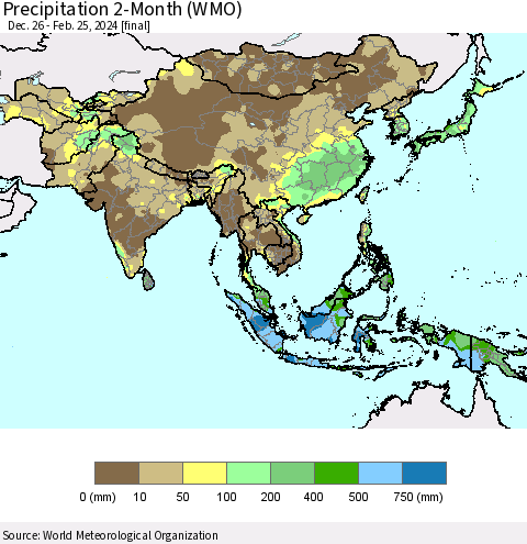 Asia Precipitation 2-Month (WMO) Thematic Map For 12/26/2023 - 2/25/2024