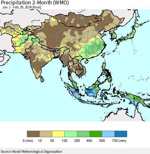 Asia Precipitation 2-Month (WMO) Thematic Map For 1/1/2024 - 2/29/2024