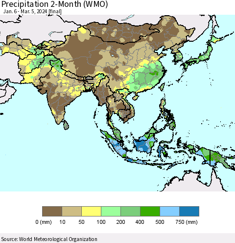 Asia Precipitation 2-Month (WMO) Thematic Map For 1/6/2024 - 3/5/2024