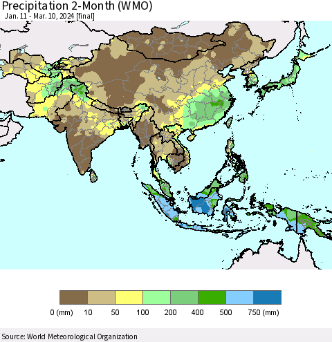 Asia Precipitation 2-Month (WMO) Thematic Map For 1/11/2024 - 3/10/2024
