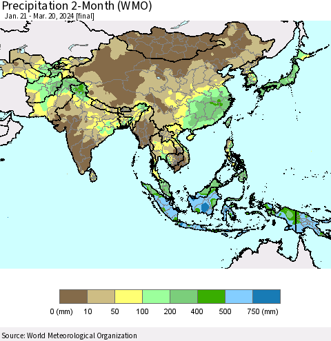 Asia Precipitation 2-Month (WMO) Thematic Map For 1/21/2024 - 3/20/2024