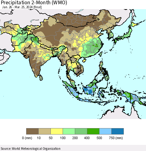 Asia Precipitation 2-Month (WMO) Thematic Map For 1/26/2024 - 3/25/2024