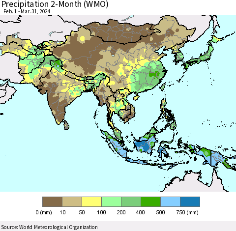 Asia Precipitation 2-Month (WMO) Thematic Map For 2/1/2024 - 3/31/2024
