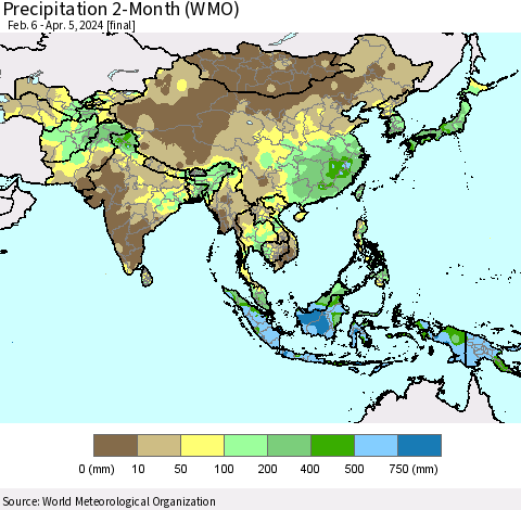 Asia Precipitation 2-Month (WMO) Thematic Map For 2/6/2024 - 4/5/2024