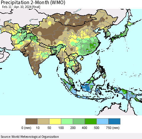 Asia Precipitation 2-Month (WMO) Thematic Map For 2/11/2024 - 4/10/2024