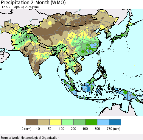 Asia Precipitation 2-Month (WMO) Thematic Map For 2/21/2024 - 4/20/2024