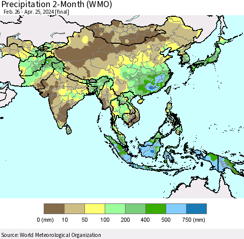 Asia Precipitation 2-Month (WMO) Thematic Map For 2/26/2024 - 4/25/2024