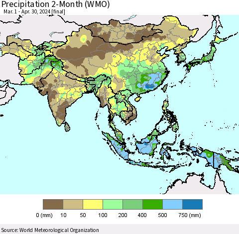 Asia Precipitation 2-Month (WMO) Thematic Map For 3/1/2024 - 4/30/2024