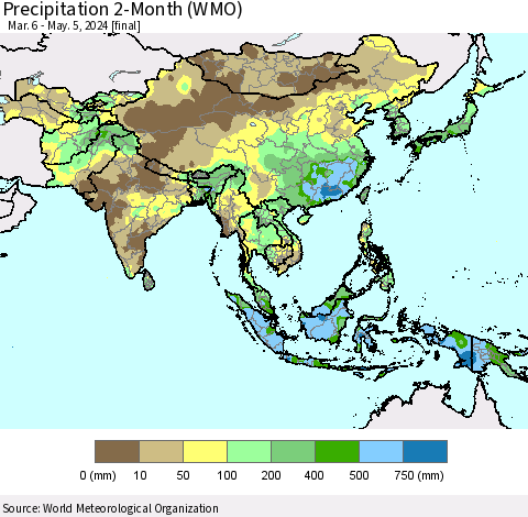Asia Precipitation 2-Month (WMO) Thematic Map For 3/6/2024 - 5/5/2024