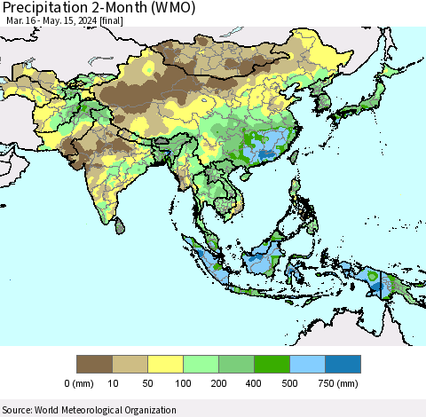 Asia Precipitation 2-Month (WMO) Thematic Map For 3/16/2024 - 5/15/2024